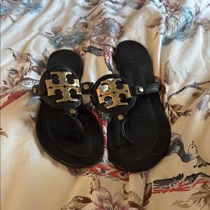 Tory Burch Black and Gold Miller Sandals